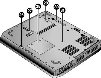 Komma igång med din notebook-dator Notebook-datorns olika delar 26 Hårddisk. 27 Batterispärr.