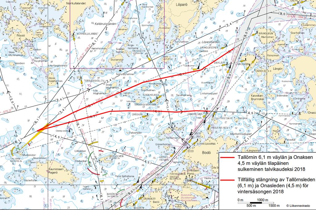 Suomenlahti/Finska viken/gulf of Finland *38(T) /2018 (2018-02-20) Suomi. Suomenlahti. Sipoo. Tallörnin väylä (6.1 m). Onaksen väylä (4.5 m). Talvikaudeksi suljetut väylät. Väylät Finland.