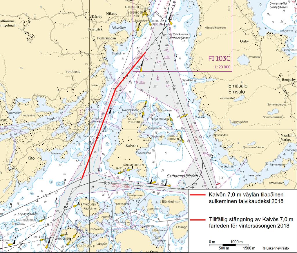 *39(T) /2018 (2018-02-20) Suomi. Suomenlahti. Porvoo. Kalvön väylä (7.0 m). Talvikaudeksi suljettu väylänosa. Väylät Finland. Finska viken. Borgå. Kalvöleden (7.0 m). Farledsavsnittet stängt för vintersäsongen.