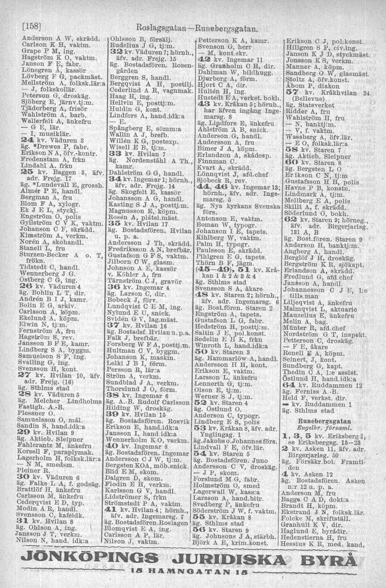 [158] Roslagsgatan - Rune bergsgatan. Anderson A W, skrädd. Ohlsson B, försälj. Petterson K A, kamr. Erikson C J, polkonst. Carlson K H; vaktm. Rudelius J G, tj:m. Sveuson G, herr Hillgren S P, civ.