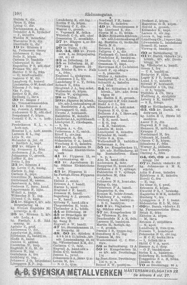 [160J Rådmansgatan. Hulten s, dir. Lundeberg E, civ.ing. Nordwall F H, kamr. IDerkert J, köpm. Järpe E, frkn Norlin T G, köpm. Steffen E, änkefru - Hagström G H, köpm. Ljung O; dir. Törnberg C E, dir.