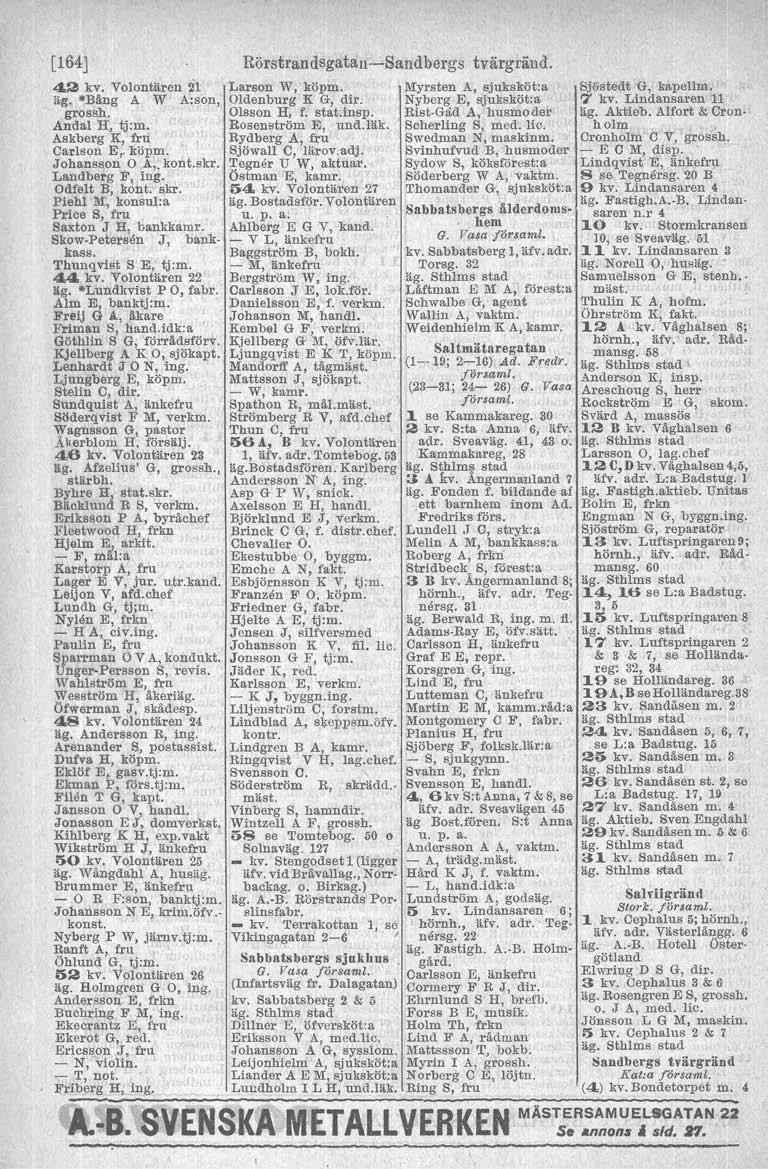 [164] 4.2 kv. Volontären 21 äg. -Bång A W A:son, grossh. Andal H, B:m. Askberg K, fru Carlson E" köpm. Johansson A,. kont.skr. Landberg F, ing. Odfelt B, kont. skr. Piehl M, konsul.