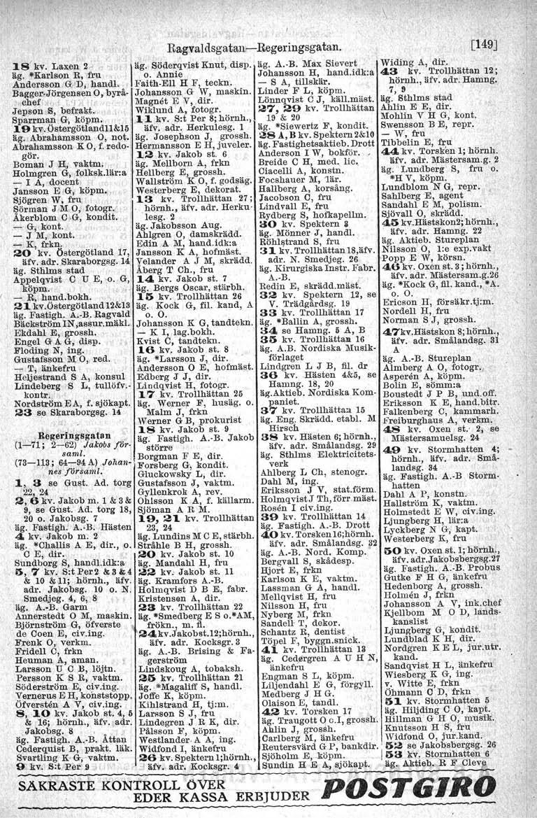 \!' Bagvaldsgatau-> Regeringsgatan. 18'kv. Laxen 2'" ~. lä~. Söderqvist Knut, disp. r äg. A. B. Max Slevert Widing A, dir. äg. "Karlson E, fru,". o. Annie Johansson H, hand.idk:a 43 kv.