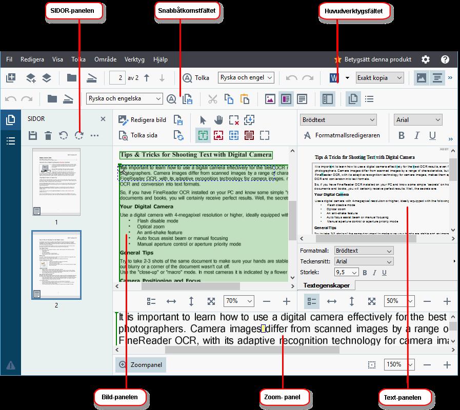 Gränssnitt för OCR-redigerare OCR-redigerarfönstret visar ditt nuvarande OCR-projekt. För mer information om hur man arbetar med OCR-projekt, se OCR-proj ekt 130.