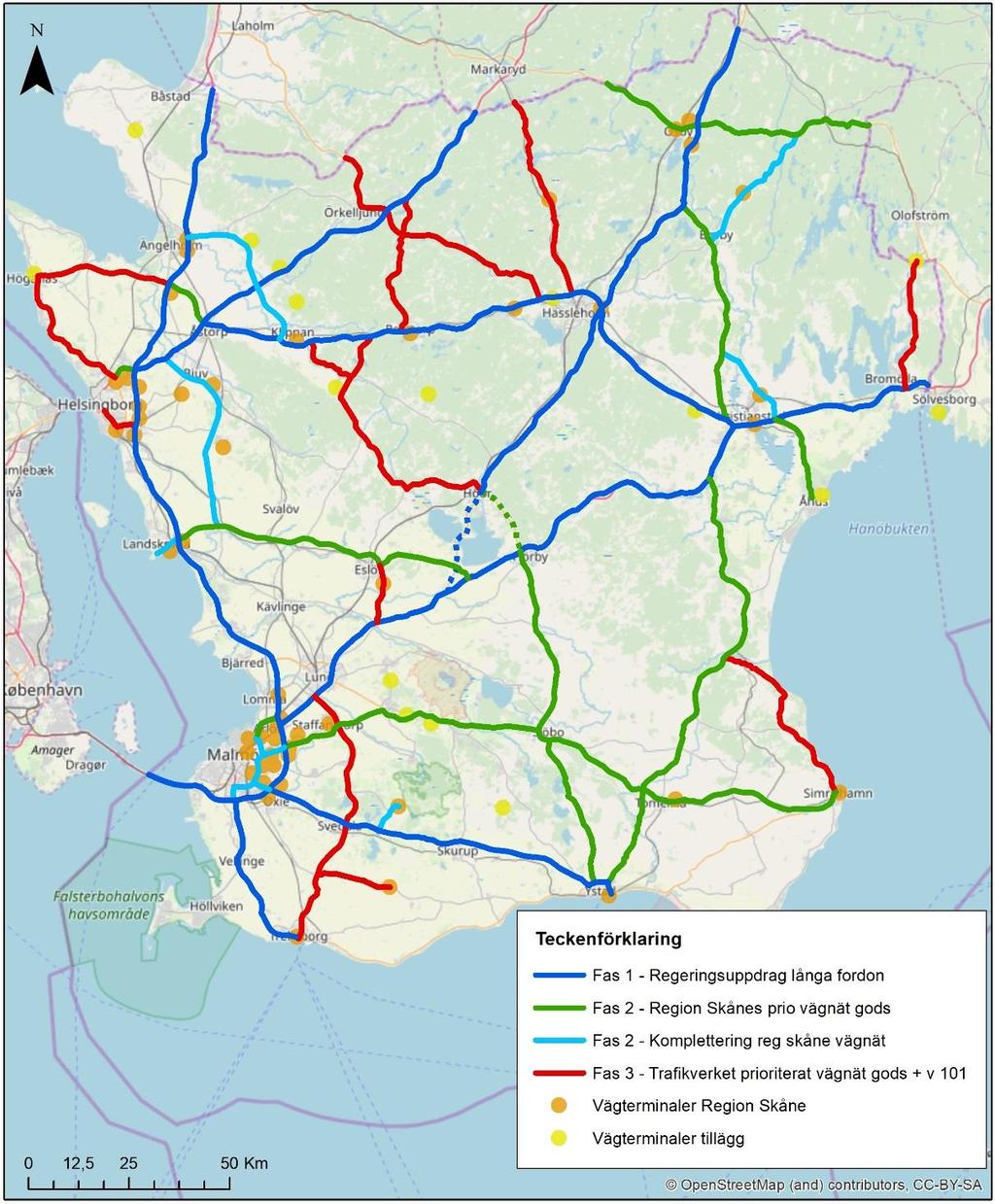 Figur 1 Förslag till HCT-vägnät i Skåne, Fas 3 omkring år 2040. Föreslaget nät för HCT-transporter på väg har behandlats och förankrats vid workshop i december 2018.