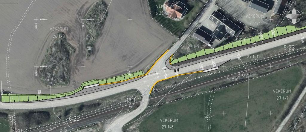 Lokalisering och utformning Sektion 0/000 0/130 (Korsning) Den nya gång- och cykelvägen föreslås separeras från väg 557 med räcke förbi