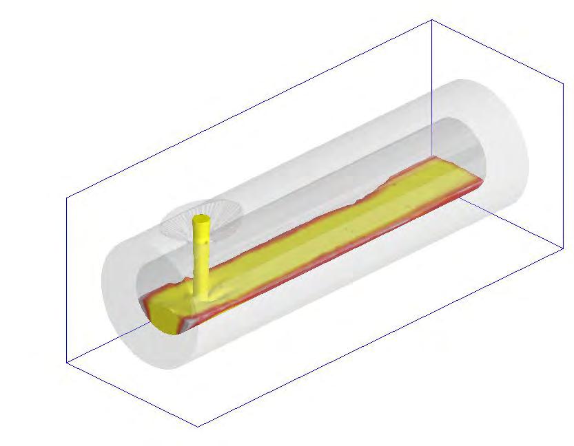 Figur 9, Andel stelnat i fyllkammare 50 % av metallmängd påfylld, grått är helt stelnat och gult är helt flytande.