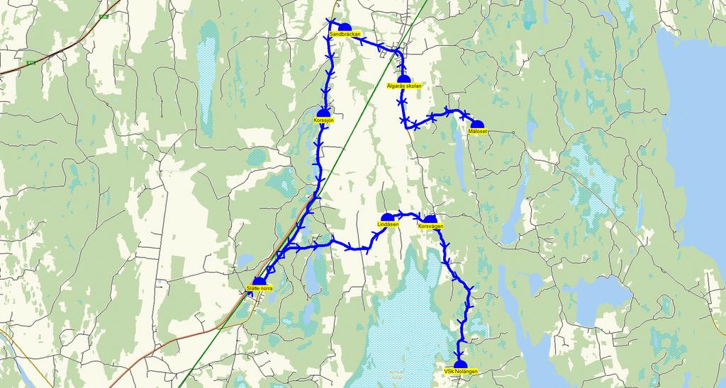 2017-08-21 09:17:40 Karta för Tur F611 611 13.15 13.59 Älgarås skolan - Mäloset - Sandbräckan - Korssjön - Slätte norra - Lindåsen - Korsvägen - VSk Nolängen FREDAG 32190 Älgarås skolan 0 13.