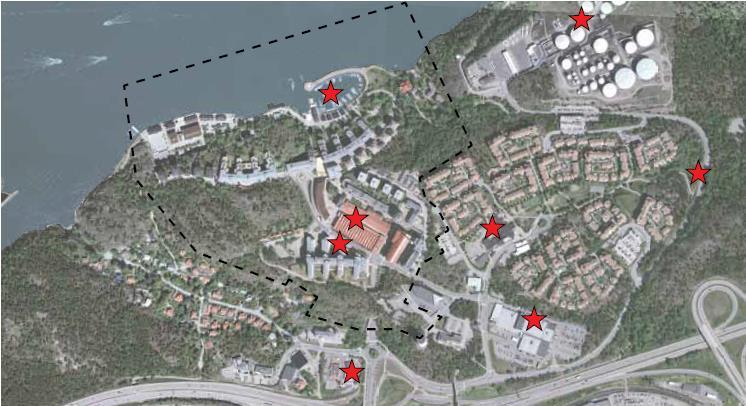 repo00.docx 0-0- Figur : Bilden visar tre () röda stjärnor inom det streckade området som motsvarar de MIFO-inventerade områdena småbåtshamnen, bilfabriken och bensinstationen.