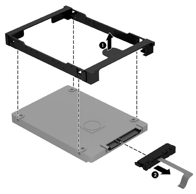 4. Ta bort hårddiskfästet (1) och ta sedan bort kontakten (2) från hårddisken. Du installerar en hårddisk genom att utföra proceduren i omvänd ordning.