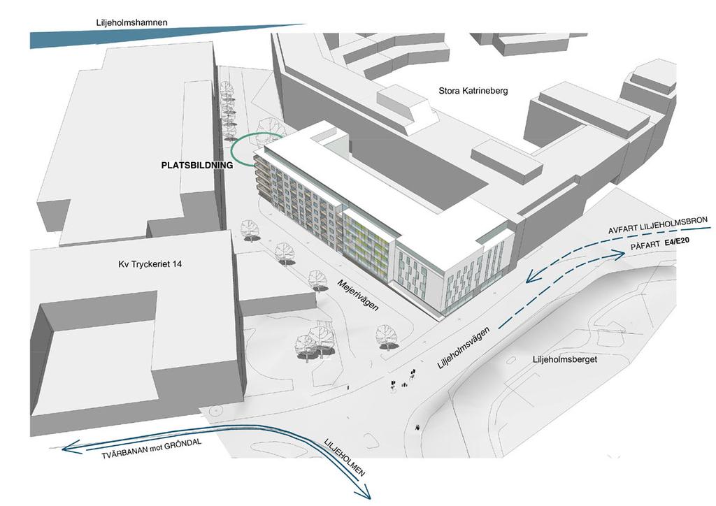 SID 4 (9) Vy från söder med den nya bebyggelsen utmed Mejerivägen Gällande detaljplan Gällande detaljplan Pl 8004, fastställd 1984-04-03, anger industriellt ändamål och en viss andel kontor samt