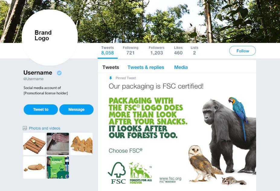 2 FSC:s varumärken i marknadsföring av certifierade produkter Sociala medier Du behöver inte använda alla de komponenter som ingår i FSC:s marknadsföringsmärken eller Forests For All Forever -märkena