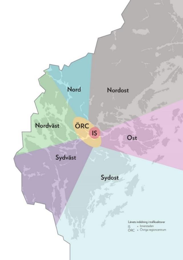 Figur 1. Sektorindelning. Övriga regioncentrum omfattar norra centrala och södra centrala delarna. 1.6. Förutsättningar 1.6.1. Trafiknät och trängselskatt Trafiknät Trafiknätet för nuläget avser år 2016.