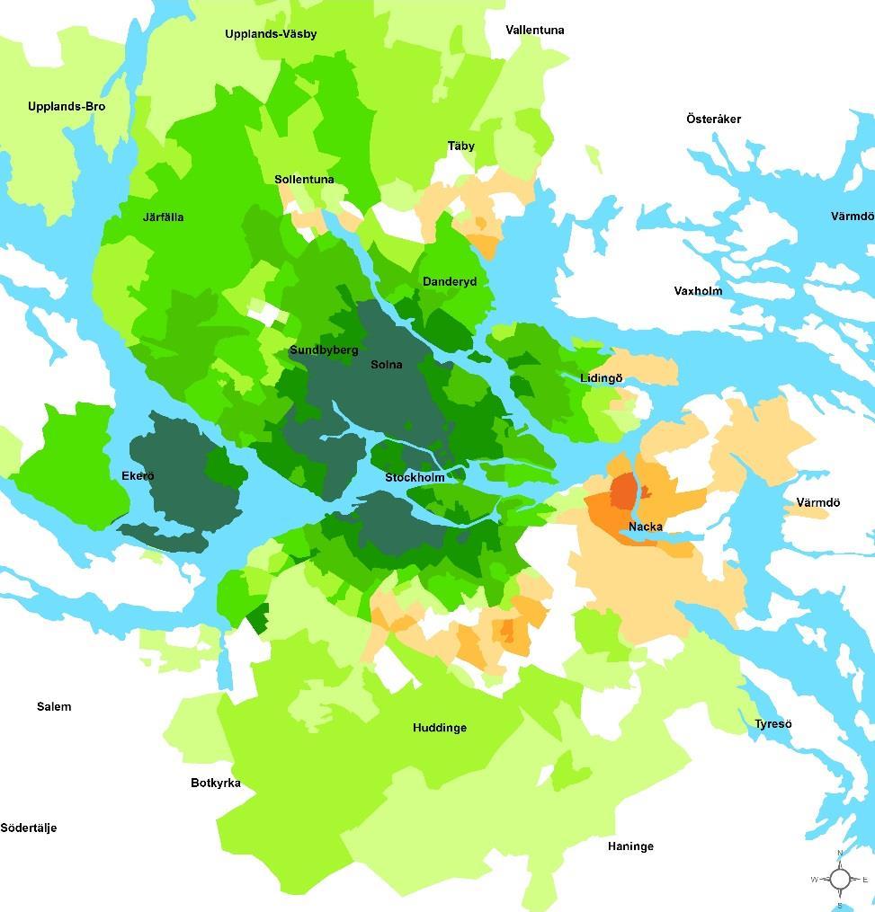 Jämförelsen mellan 2040 utan Östlig förbindelse och 2016 visar att tillgängligheten för privatresenärer med bil förbättras i stora delar av länet fram till år 2040, se Figur 6.