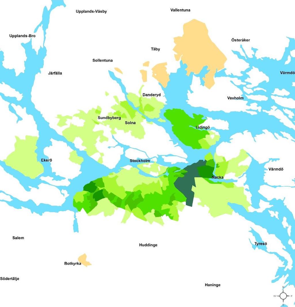 Jämförelsen för år 2040, med och utan Östlig förbindelse (se Figur 7), visar att tillgängligheten förbättras främst i ett band söder om innerstaden, från Ekerö till Nacka.