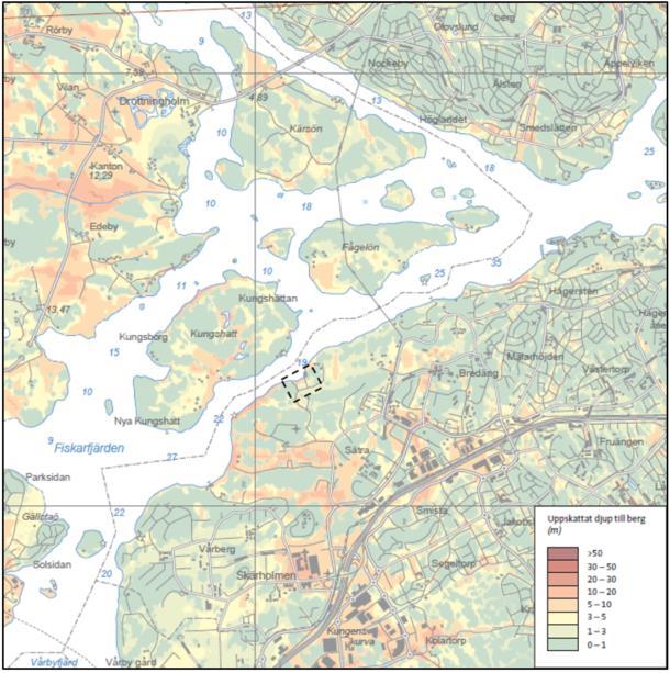 Enligt jorddjupskartan från SGU uppges det uppskattade jorddjupet till mellan 0 och 30 meter, se Figur 4. Figur 4. Jorddjupskarta där utredningsområdet markeras med en svartstreckad linje (sgu.