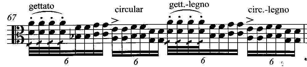 Video på min utveckling av tekniken spazzolato: Spazzolato - Jag hade problem med att tolka hur de fyra tonerna mellan gettato och circular i takt 67 (se notexempel 16) ska spelas.