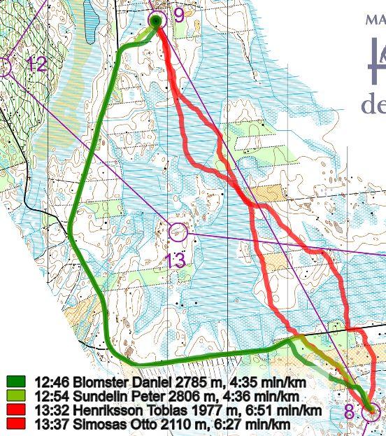 8-9, herrar - Samma fenomen på herrsidan, det lönade sig att ta stora rundningar på väg (som grönt) framom att