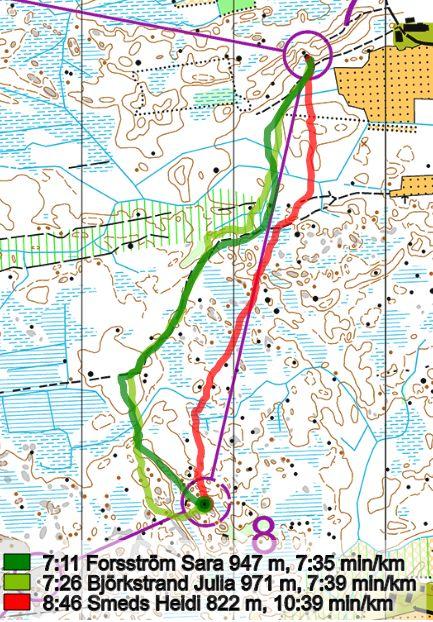 7-8, damer - Även områden med omväxlande mossar och vit skog är ofta tunga att ta sig fram i på grund av getporsen.