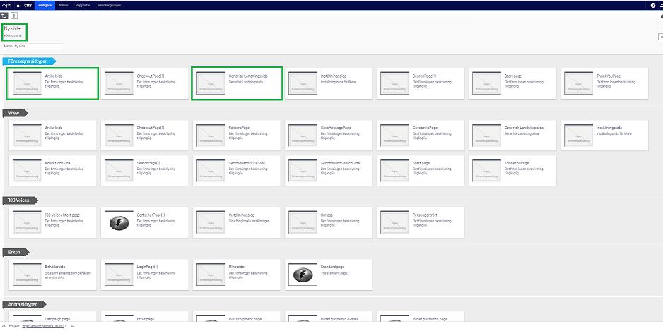Välj sidtyper När du skapar en ny sida i Episerver kanske du får upp en vy som visar många olika sidtyper, så här: Du