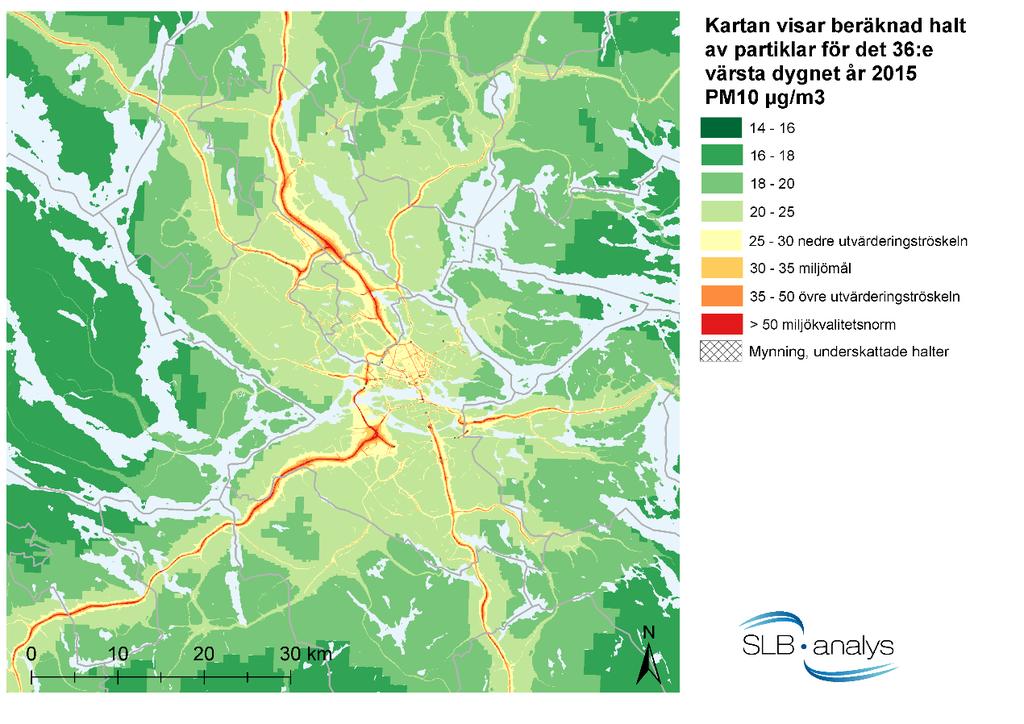 Kartläggning NO 2 och PM10 år 2015 www.slb.nu Kartläggningen visar var MKN riskerar att överskridas, kalibrerade mot mätning.