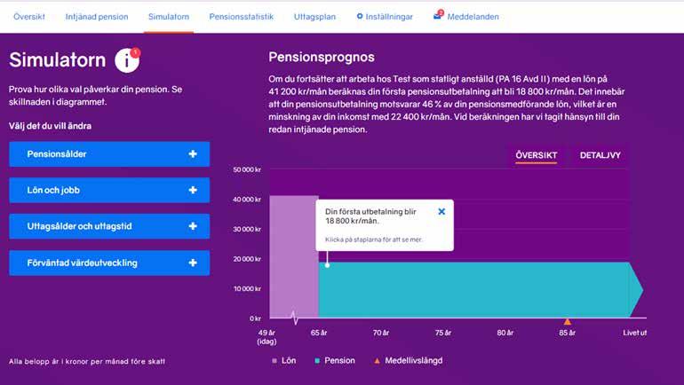 10. Simulera din pension Handbok minpension När du har loggat in och sett din förenklade prognos kanske du blir nyfiken på hur pensionen påverkas om du gör olika livsval. Det testar du i simulatorn.