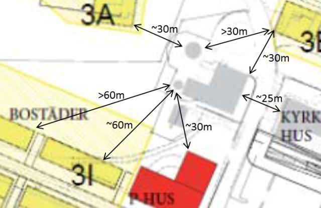 Figur 8. Programförslaget med några ungefärliga avstånd. Figur 9. Alternativförslaget med några ungefärliga avstånd.