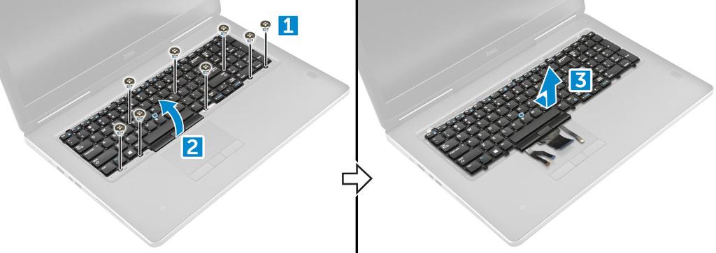 Installera tangentbordet 1. Rikta in tangentbordet och dra kablarna bakåt genom fackets undersida. 2. Tryck och justera in tangentbordet i facket. 3.