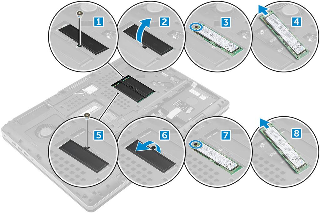Installera M.2 SSD-modulen 1. Placera SSD-kortet i kortplatsen. 2. Sätt tillbaka M2,0 3,0-skruven som håller fast SSD-kortet i datorn. 3. Placera den termiska plattan på SSD-enheten. 4.