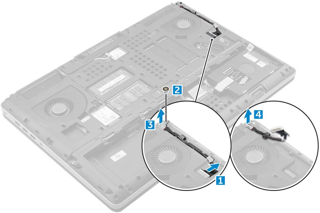 Installera strömkontaktporten 1. Sätt tillbaka strömkontaktkabeln i datorn. 2. Dra kabeln genom kabelkanalen 3. Sätt tillbaka fästet. 4.