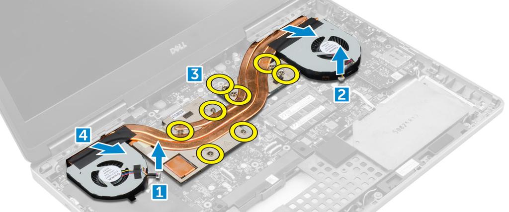 b) tangentbordet c) hårddisk d) kåpan e) batteriet f) batterihöljet g) SD-kort 5. Följ anvisningarna i När du har arbetat inuti datorn. Dissipator Ta bort kylflänsenheten 1.