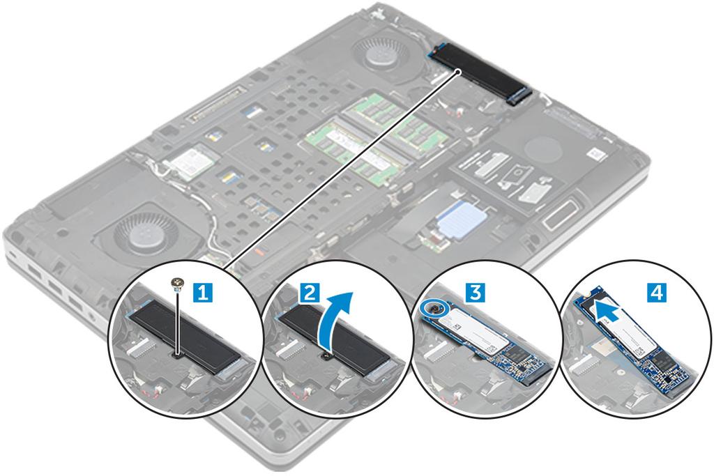 Installera M.2 SSD-modulen 1. Placera SSD-kortet i kortplatsen. 2. Sätt tillbaka M2,0 3,0-skruven som håller fast SSD-kortet i datorn. 3. Placera den termiska plattan på SSD-enheten. 4.