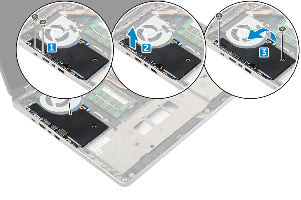 Installera det vänstra I/O-kortet 1. För in I/O-kortet i sitt fack på datorn. 2. Installera thunderbolt-fästet. 3. Sätt tillbaka M2,5 5,0-skruvarna som håller fast I/O-kortet i datorn. 4.