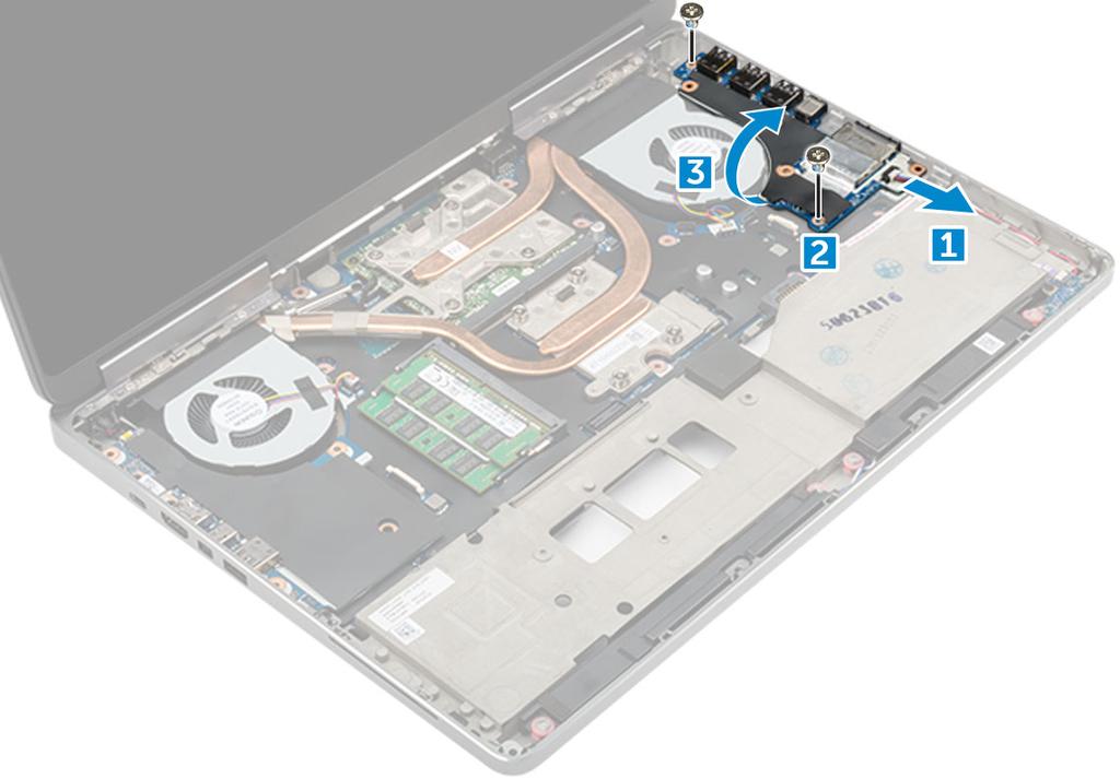 Installera det högra I/O-kortet 1. Anslut kabeln till I/O-kortkontakten och skjut in I/O-kortet i datorn. 2. Sätt tillbaka M2,5 5,0-skruvarna som håller fast I/O-kortet i datorn. 3.