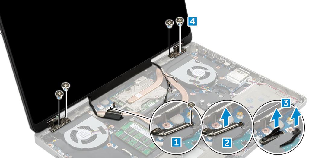 Installera bildskärmsenheten 1. Sätt i bildskärmsenheten i platserna på datorn. 2. Sätt tillbaka M2,0 3-skruvarna som håller fast bildskärmsenheten. 3. Fäst tejpen på dissipatorn. 4.