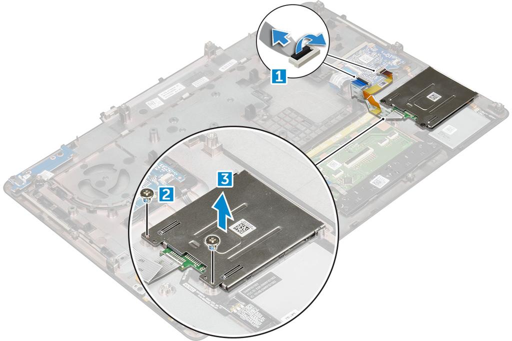 e) tangentbordet f) handledsstödet 3. Så här tar du bort ExpressCard-kortet: a) Koppla ur ExpressCard-kabeln från datorn [1].