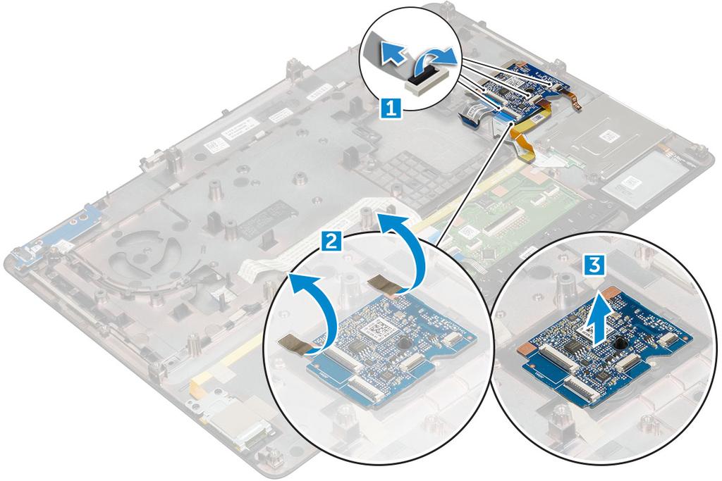 b) batteriet c) kåpan d) hårddisk e) tangentbordet f) handledsstödet 3. Så här tar du bort USB-kortet: a) Koppla bort kabeln för USB-kortet från datorn [1].