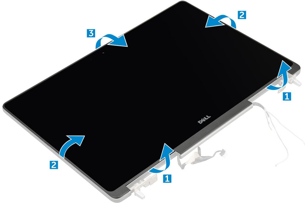 1. Följ anvisningarna i Innan du arbetar inuti datorn. 2. Ta bort: a) batterihöljet b) batteriet c) kåpan d) hårddisk e) tangentbordet f) handledsstödet g) bildskärmsenhet 3.