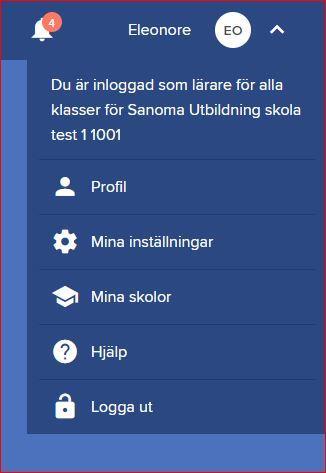 Om du klickar på ditt namn i övre högra hörnet hittar du din kontoinformation. Här kan du hantera dina inställningar för e-post, lösenord och om du vill ha elevrapporter via mail.