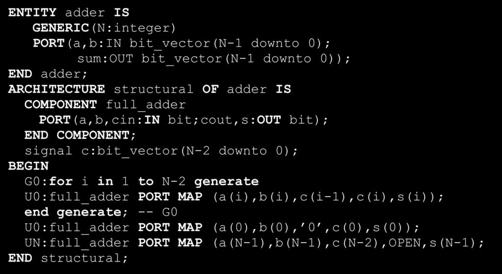 generate Generate-statement kopplar ihop många likadana element ENTITY adder IS GENERIC(N:integer) PORT(a,b:IN bit_vector(n-1 downto 0); sum:out bit_vector(n-1 downto 0)); END adder; ARCHITECTURE