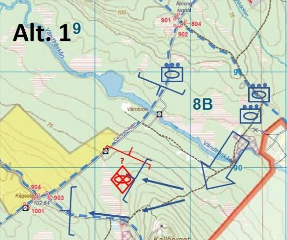 Alternativ 4: Inledningsvis försvarar en pluton bron och två plutoner anfaller över