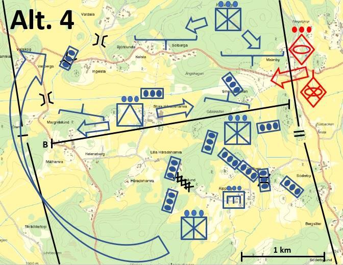 Alternativ 1: Kompaniområdet indelas i tre plutonsområden. I de två östra områdena fördröjer en pluton förstärkt med en pv-tropp i respektive område.