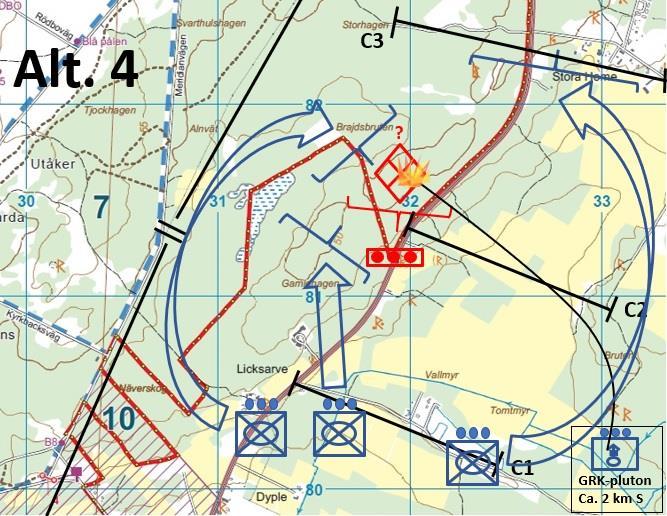 Alternativ 1: Inledningsvis förbekämpas mineringen och fiendens gruppering med egen granatkastareld.