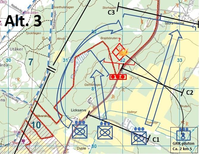 Alternativ 2: Kompaniet framrycker på stridstriangel öster om vägen i skyl av avskärmande rök från egna granatkastare.