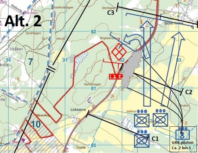 Två plutoner framrycker, en väster och en öster om vägen förbi höjderna och tar linjen C3.