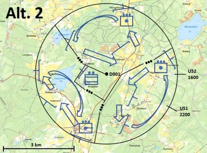 Alternativ 3: Kompaniet uppträder spritt (pjäs- och ammunitionsfordon ihop) och rörligt