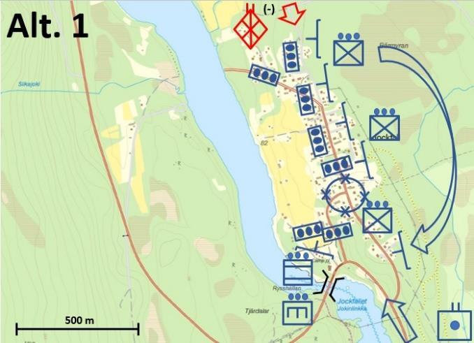 Alternativ 3: Samtliga plutoner upprättar mineringar och genomför upprepade eldöverfall.