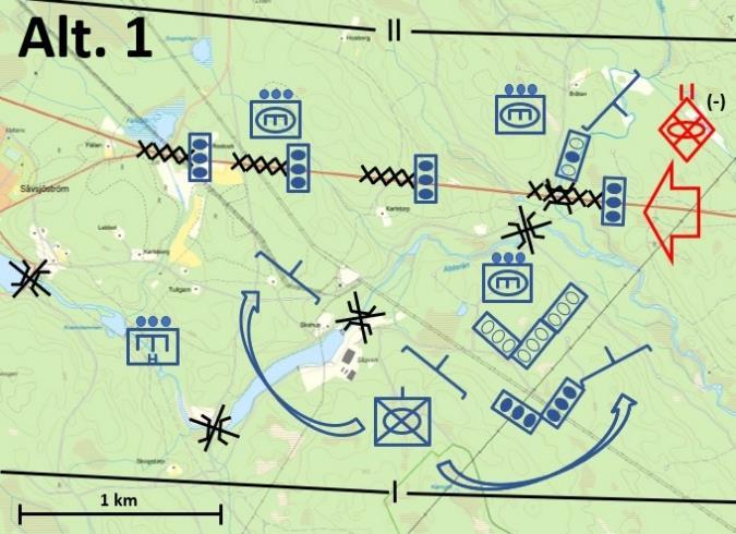 Alternativ 3: Ingenjörsplutonerna förstör samtliga broar samt upprättar och försvarar tre motståndsnästen med tillhörande fältarbeten.