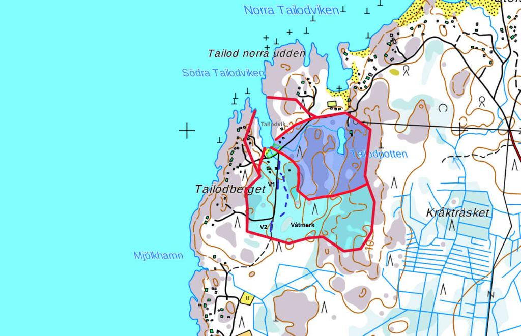 7 Tailodviken och dess avrinningsområde uppdelat på Tailodpåtten och våtmarken/hällmarken i söder.