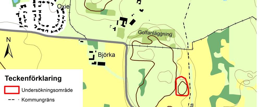Figur 2. Undersökningsområdet (rödmarkerat) utgör den sydöstra delen av Käglinge hästbacke (ljusgrönt) och gränsar till åkermark (gult).